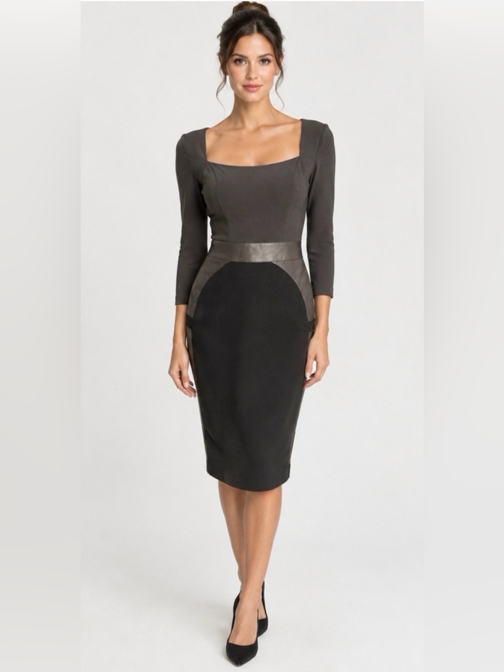 Teri Jon Brien MixedMedia Fauz Leather Panel Sheath Dress Size 6 Elegant